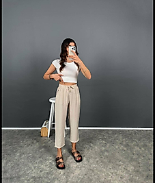 Kadın Basic pantalon, rahat kalıp, yüksek bel , keten görünümlü
