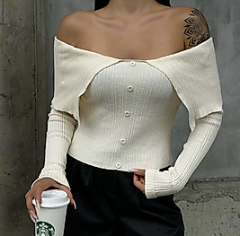 Kadın Krem Omuzları Açık Düğmeli Kazak