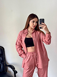 Kadın Keten Gömlek Pantolon Alt Üst Takım