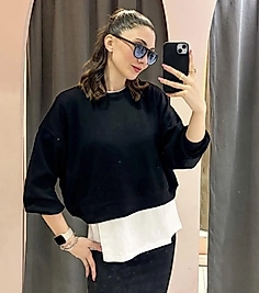 Modal Kumaş Kadın Bisiklet Yaka Kısa Siyah Sweatshirt