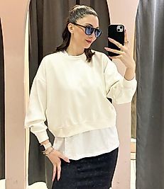 Modal Kumaş Kadın Bisiklet Yaka Kısa Beyaz Sweatshirt